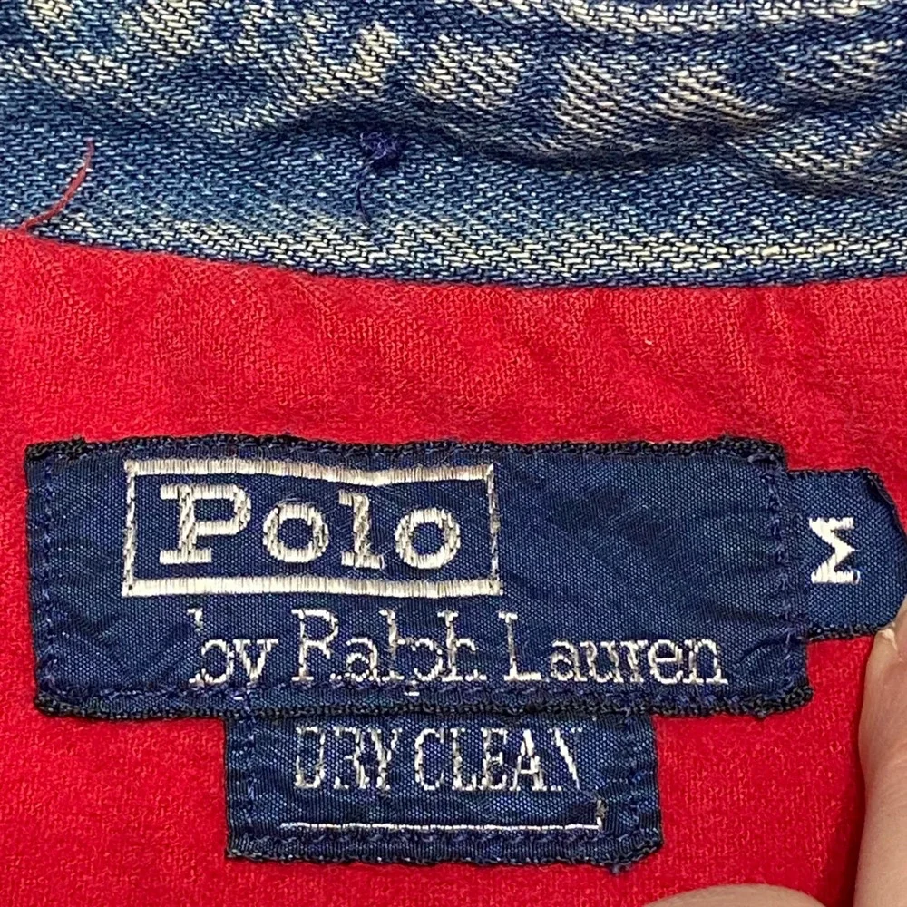 Vtg Polo Ralph Lauren Denim Jacket Mens Medium Blue Harrington Bomber Red Lining